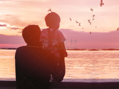 祖父,侄女,天空,男性,海滩,后背,海鸥,儿童,女儿,浪漫
