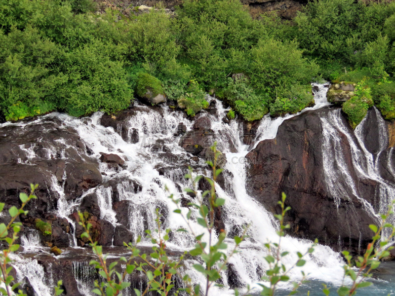 瀑布,冰岛国,自然,水,水平画幅,地形,熔岩,无人,hraunfossar,夏天