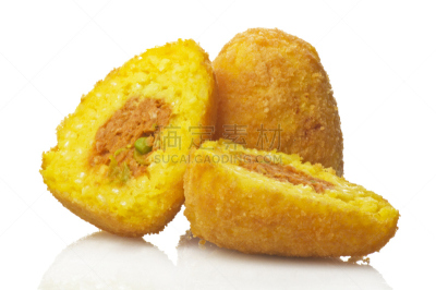 米饭炸肉饼,金橘,炸丸子,水平画幅,无人,膳食,白色背景,熟食店,特写,肉