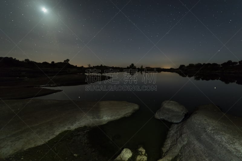 月光,纪念碑,水,天空,美,星系,花岗石的,水平画幅,星星,夜晚