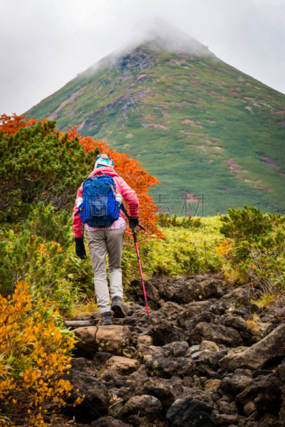 北海道,小路,女人,秋天,徒步旅行,岩石,旭岳火山,垂直画幅,留白,户外