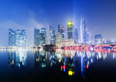 滨海湾 ,城市天际线,夜晚,新加坡市,新加坡,曙暮光,海港,黄昏,户外,城市