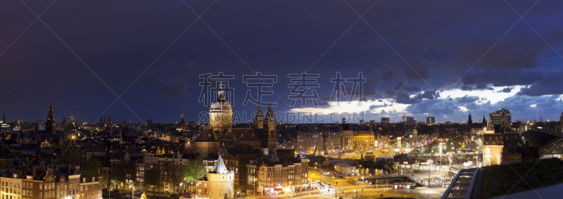 夜晚,阿姆斯特丹,全景,都市风景,角度,高大的,城市,荷兰,街道,反射