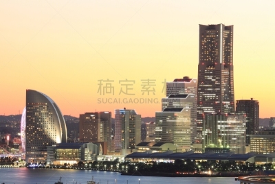 横滨高速铁路,横滨,黄昏,横滨地标大厦,城镇景观,水平画幅,无人,户外,建筑业,商业金融和工业