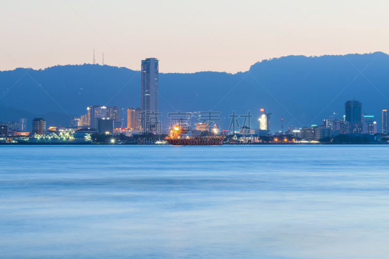 乔治敦,槟榔屿州,都市风景,山,海洋,热霾,天空,早晨,夏天