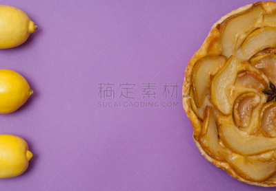 法式苹果挞,蛋塔,亚洲梨,柠檬,紫色背景,苹果派,水平画幅,无人,烘焙糕点,甜点心