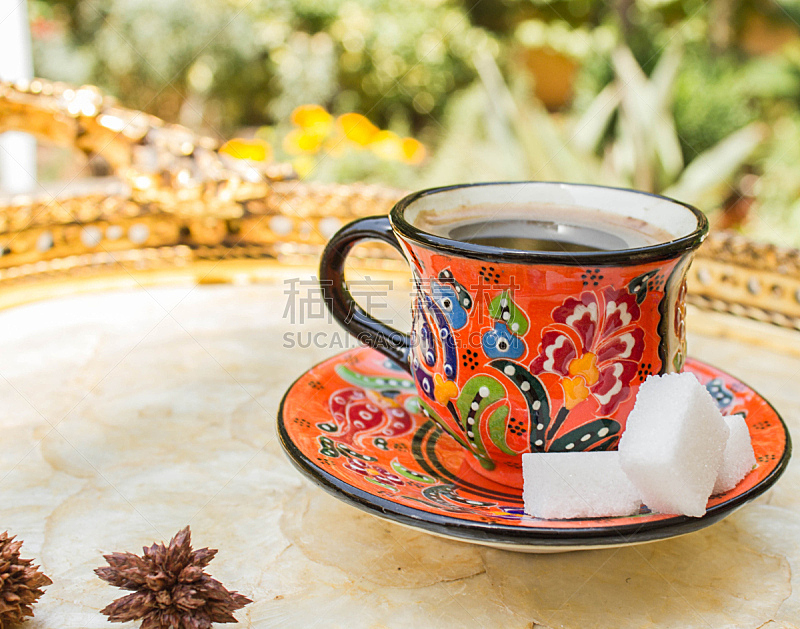 土耳其清咖啡,方糖,水平画幅,橙色,无人,早晨,咖啡,2015年,咖啡杯,杯