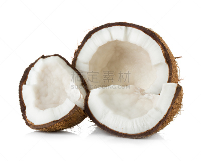 椰子,切成两分的,白色背景,褐色,水平画幅,素食,无人,夏天,图像,特写