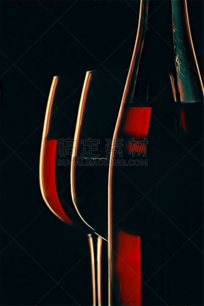 玻璃杯,酒瓶,红色,高雅,艺术品,摆拍,数码图形,暗调,垂直画幅,葡萄酒