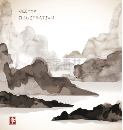 山,海洋,地形,烟灰墨,水墨画,请柬,水彩画颜料,艺术品,背景,岩石
