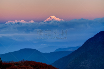 黎明,山,锡金,雪,环境,早晨,顶部,高处,冬天,光