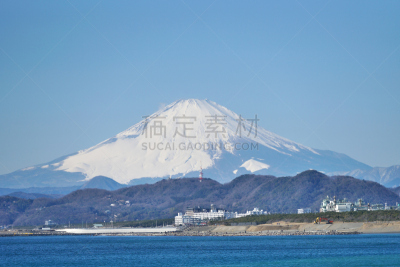 富士山,茅奇海滩,海滩,旅游目的地,水平画幅,雪,无人,相模湾,日本,户外