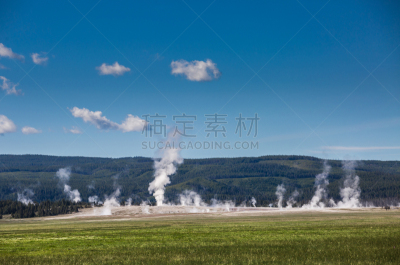 黄石公园,慕銳山,牛蹄湾,黄石河,洛克菲勒中心,地热发电站,间歇泉,蒙大拿州,云,公园