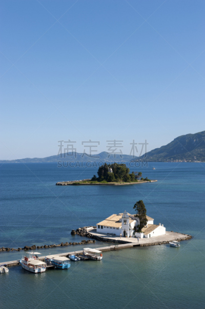 希腊,科孚,垂直画幅,修道院,留白,旅游目的地,地形,无人,户外,鼠岛贸斯岛