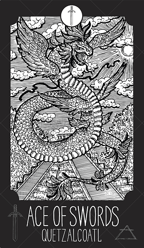 羽蛇神,剑,扑克牌a,塔罗牌,超自然,蚀刻版画,龙,秘密,彩色书,阿兹特克文明