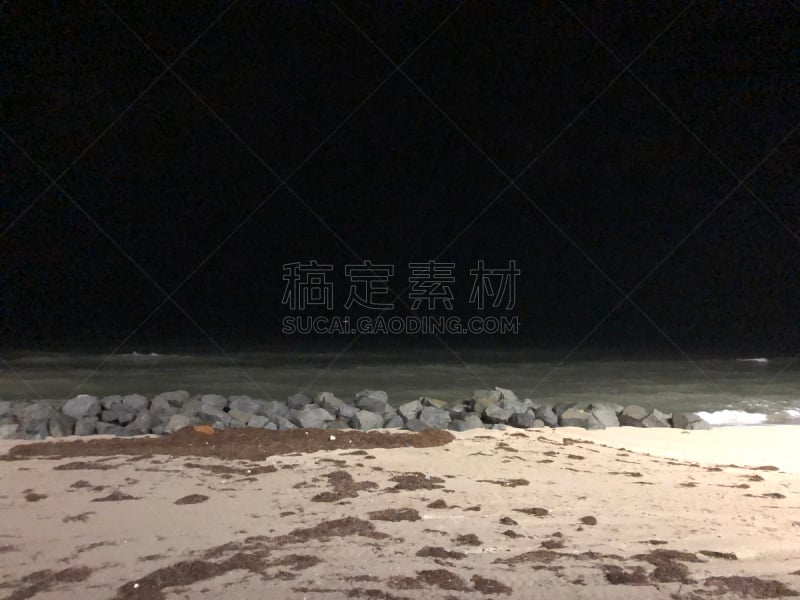 夜晚,海滩,波浪,水,天空,近景,水平画幅,沙子,无人,月亮