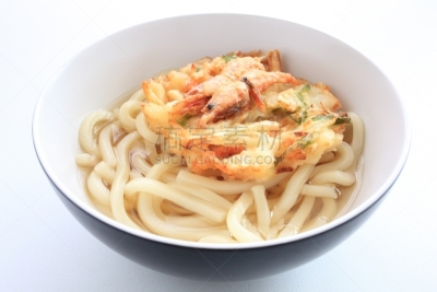 乌冬面,天麸罗,日本食品,虾,书上,留白,水平画幅,无人,白色背景,海产