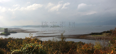 英国,阿盖尔-比特,思托克城堡,苏格兰,全景,林尼湾,菱形花纹,著名景点,废墟,海岸线
