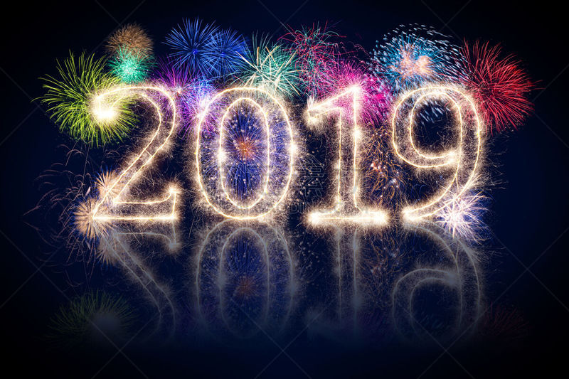 2019,放焰火,焰火,闪烁发光,明亮,新年前夕,数字,色彩鲜艳,贺卡,背景分离