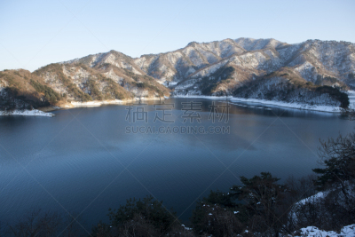 湖,华川郡,自然,天空,寒冷,水平画幅,地形,雪,无人,户外