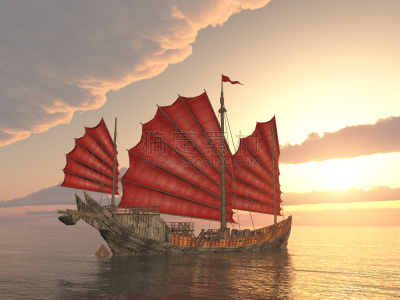 舢板船,中国,天空,水平画幅,无人,绘画插图,东亚,户外,云景,船