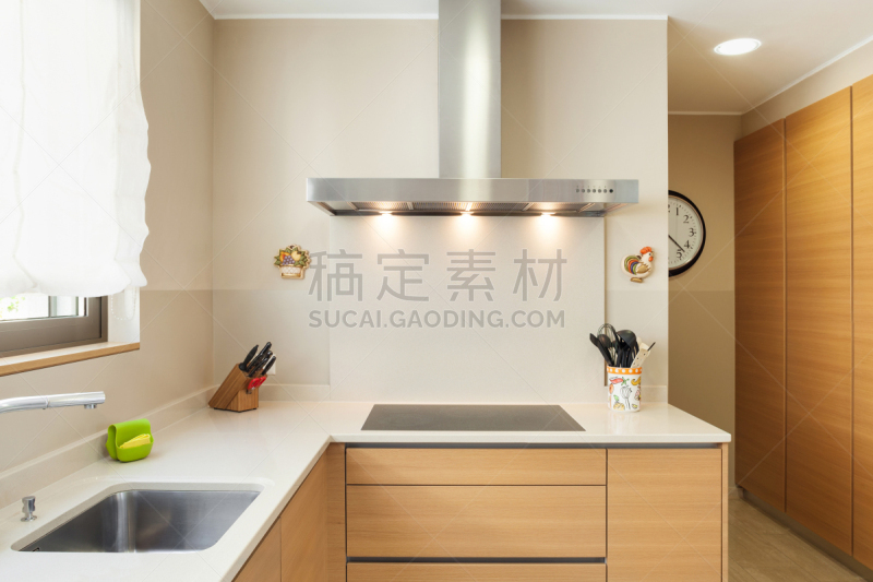 现代,公寓,厨房,新的,水平画幅,无人,抽油烟机,家庭生活,家具,开着的