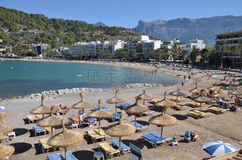 海滩,puerto de soller,马略卡,水平画幅,无人,遮阳伞,巴利阿里群岛,海洋,西班牙,摄影