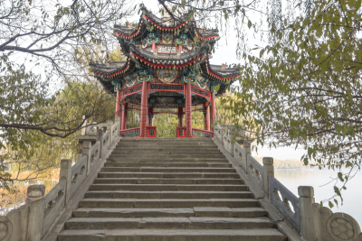 堤道,颐和园,桥,亭台楼阁,西,昆明湖,北京,屋顶,远古的,水