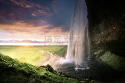 冰岛国,seljalandsfoss waterfall,水,天空,美,水平画幅,云,瀑布,夏天,户外