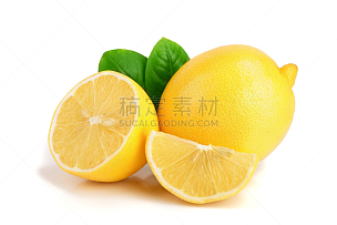 柠檬,叶子,白色背景,切片食物,分离着色,近景,水平画幅,维生素,果汁,特写