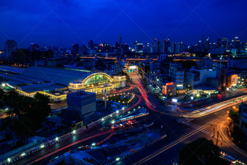 夜晚,曙暮光,泰国,都市风景,现代,街道,路,曼谷,塔,城市天际线