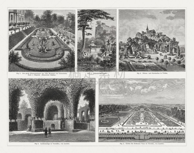 Historical evidence of gardening: 1) Garden of the Villa Monrepos (Geisenheim, Germany); 2) Chinese garden; 3) Grotto mountain in the garden of Count Fries in Vöslau, 1777 (Austria); 4) Topiary Art in Versailles, France; 5) Garden of Vaux-le-Vicomte, Main