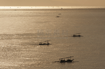 巴厘岛,黎明,渔船,龙目海峡,桨叉架船,渔业,水,天空,水平画幅,早晨