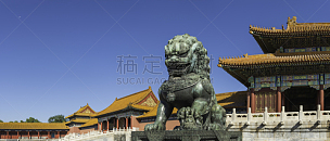 故宫,狮王,北京,全景,寺庙,太和殿,明朝风格,纪念碑,天空,留白