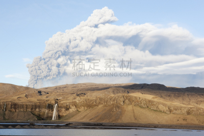 天空,冰岛国,灰,火山,水平画幅,山,瀑布,无人,夏天,爆发