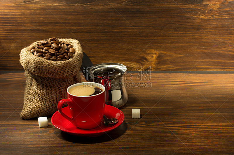 木制,咖啡杯,烤咖啡豆,折叠的,水平画幅,无人,茶碟,饮料,咖啡,粗麻布