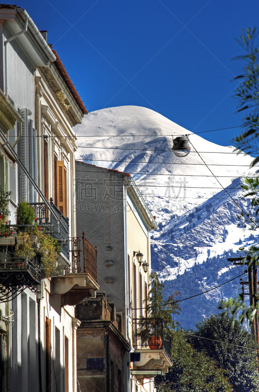 佩特雷,新古典派,希腊,垂直画幅,山,雪,无人,居住区,户外,房屋