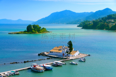 鼠岛贸斯岛,科孚,希腊,看风景,非凡的,居住区,卫拉车尔娜.修道院,科孚镇,河岸,风景
