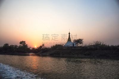缅甸,廟吁,时间,大佛塔寺,水,天空,水平画幅,无人,早晨,夏天
