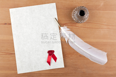 油墨缸,红色,羊皮纸,蜡,封印,空白的,鹅毛笔,留白,契约,桌子