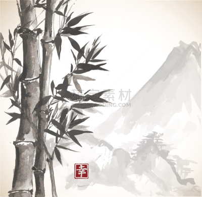 竹,山,高大的,烟灰墨,水墨画,无人,绘画插图,符号,墨水,计算机制图