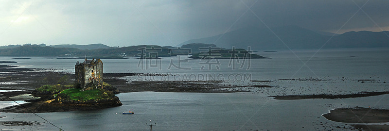 英国,阿盖尔-比特,思托克城堡,苏格兰,全景,林尼湾,菱形花纹,著名景点,废墟,海岸线