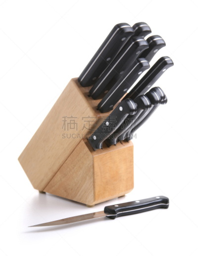 炊具刀,白色背景,动机,木托,刀架,不锈钢,刀刃,尖利,背景分离,木制