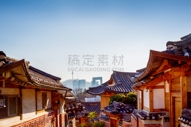 首尔,市区,北村韩屋村,背景,南山塔,韩国,亭台楼阁,朝鲜半岛,远古的,宝塔