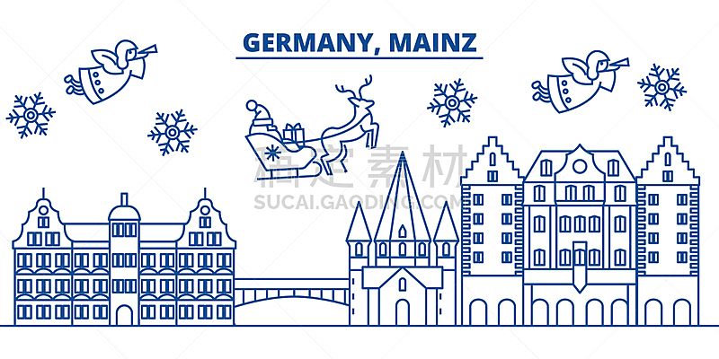 贺卡,雪,绘画插图,冬天,矢量,城市天际线,美因茨,新年前夕,德国