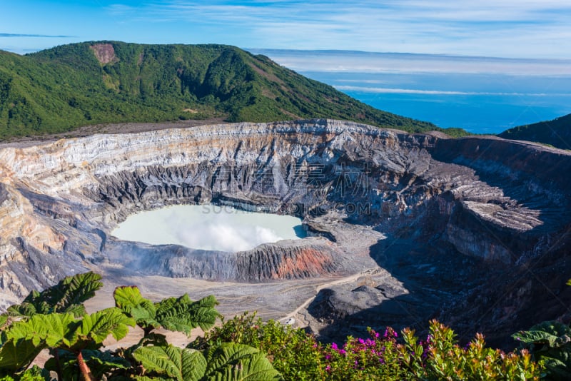 波阿斯火山,火山,哥斯达黎加,水,天空,透过窗户往外看,美洲,烟,湖,热带气候