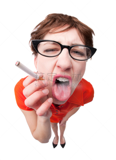 香烟,女人,丑陋,闭着眼睛,女性,白色背景,白人,人的嘴,窒息,吸烟