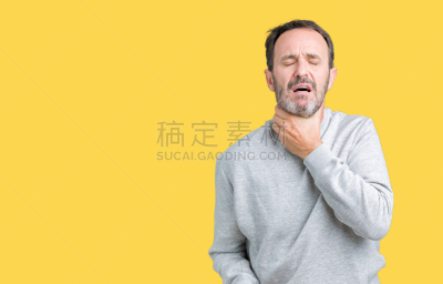 中老年人,长袖衫,痛苦,颈,男性美,背景聚焦,分离着色,生病,感冒,触摸