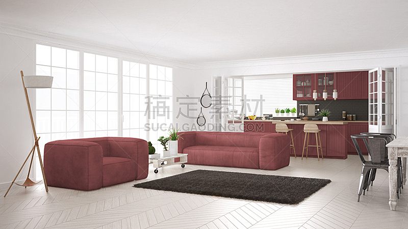白色,红色,生活方式,厨房,简单,极简构图,室内设计师,斯堪的纳维亚人,开放式设计,镶花地板