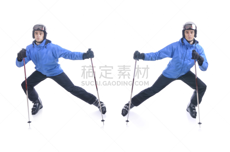 Skiier demonstrate warm up exercise for skiing. Dinamic stretch